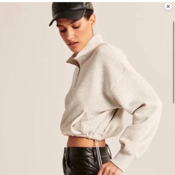 Abercrombie Soft A&F Cinch Hem Half Zip Pullover S Beige Oatmeal Cropped Bungee - Picture 2 of 12